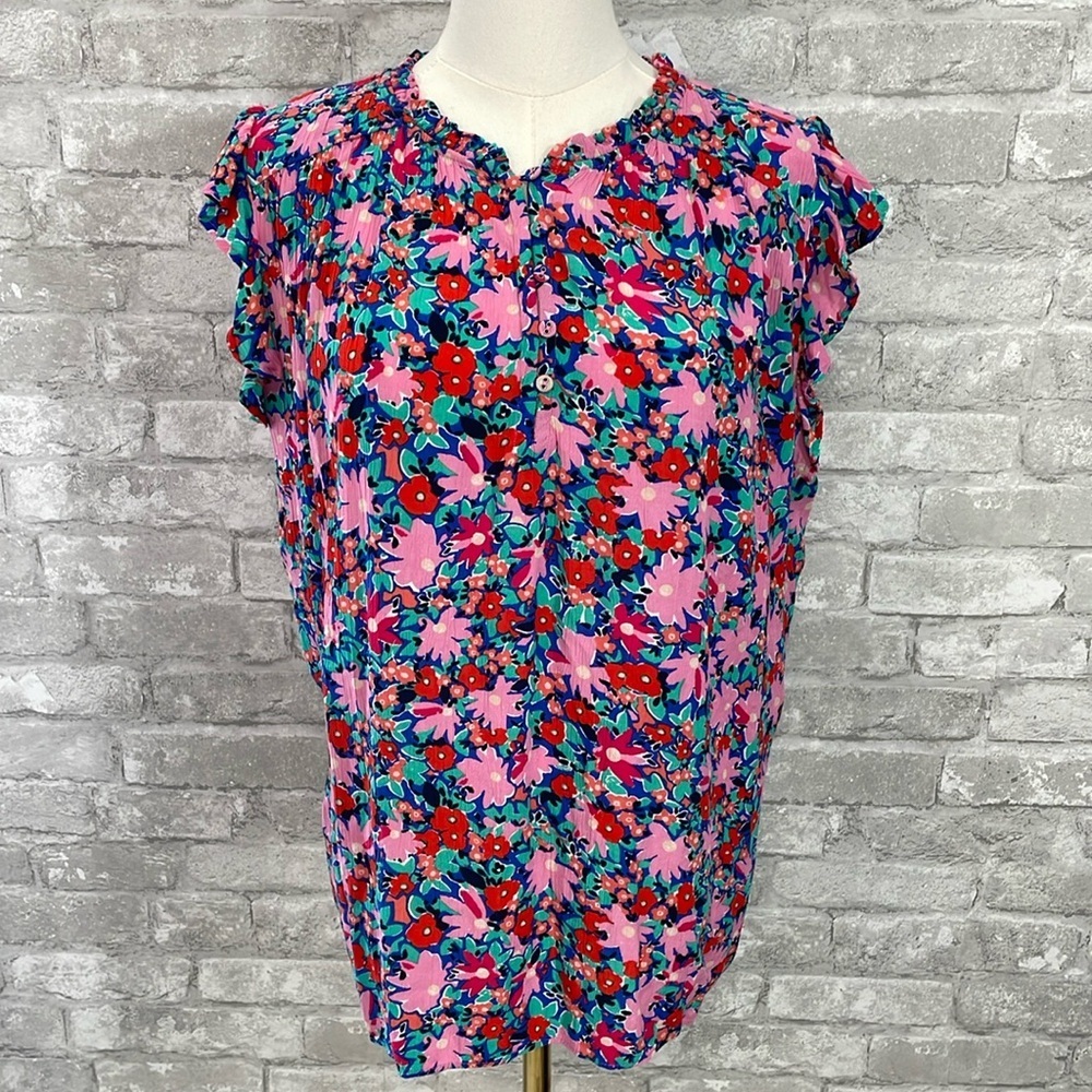 LOFT Vibrant Floral Ruffle Blouse - Pink and Blue